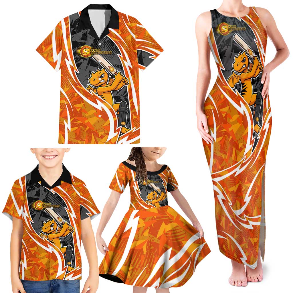 Perth Scorchers Family Matching Tank Maxi Dress and Hawaiian Shirt Flaming Lightning Storm Geometric Sports Mascot Art