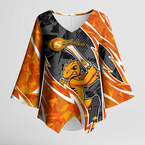 Perth Scorchers Kimono Sleeve Blouse Flaming Lightning Storm Geometric Sports Mascot Art