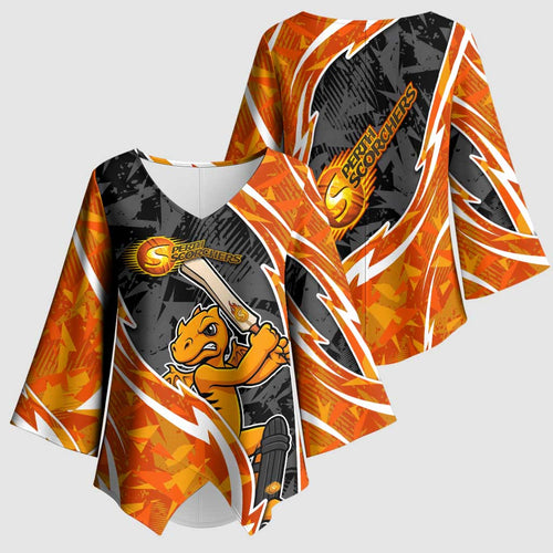 Perth Scorchers Kimono Sleeve Blouse Flaming Lightning Storm Geometric Sports Mascot Art