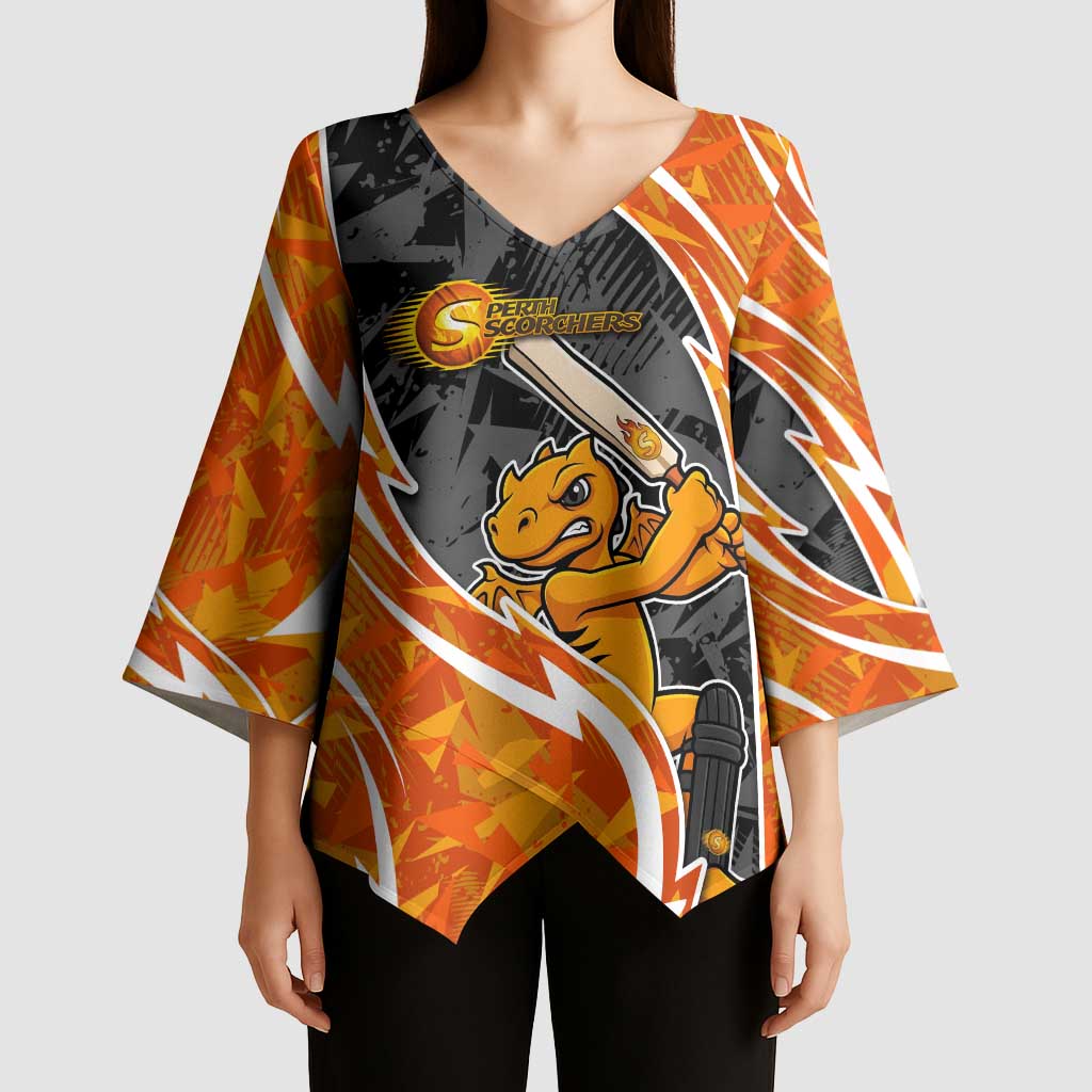 Perth Scorchers Kimono Sleeve Blouse Flaming Lightning Storm Geometric Sports Mascot Art