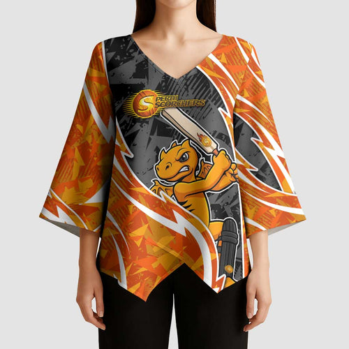 Perth Scorchers Kimono Sleeve Blouse Flaming Lightning Storm Geometric Sports Mascot Art