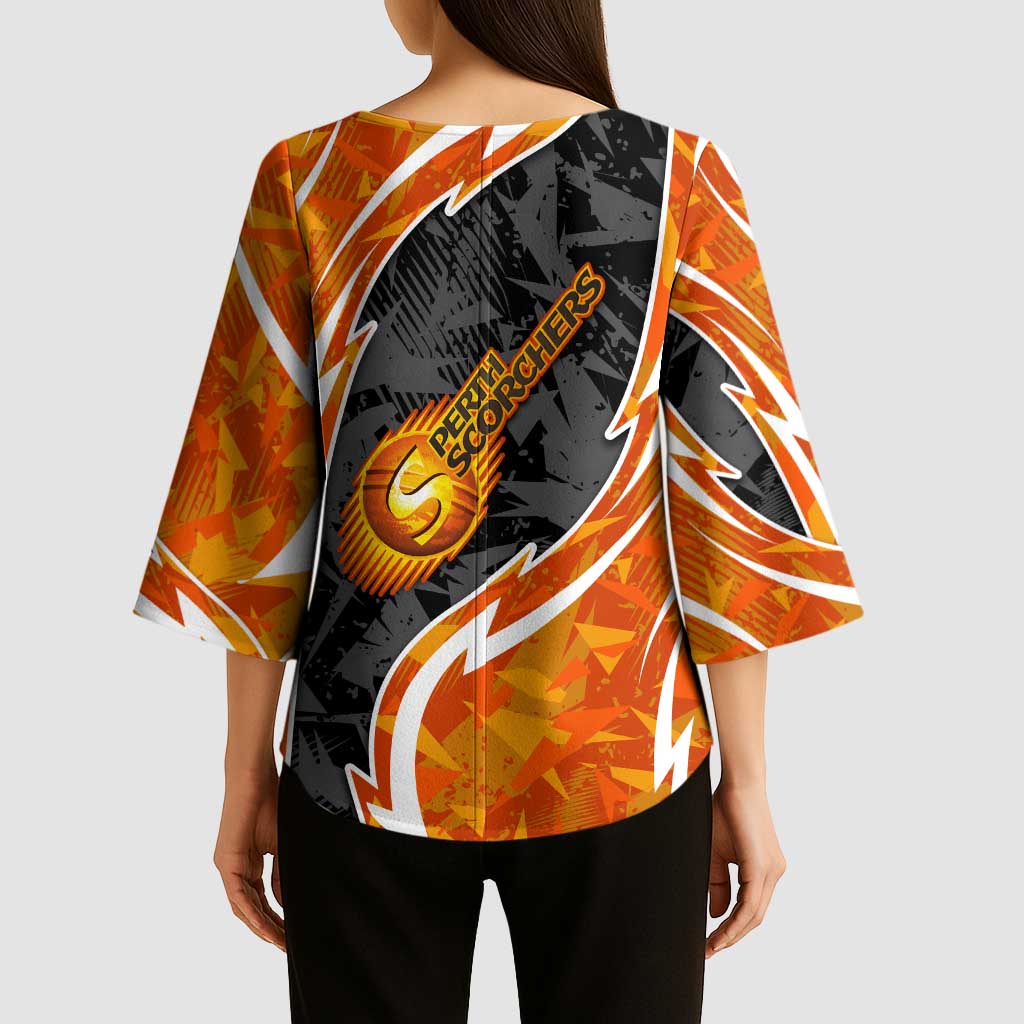 Perth Scorchers Kimono Sleeve Blouse Flaming Lightning Storm Geometric Sports Mascot Art
