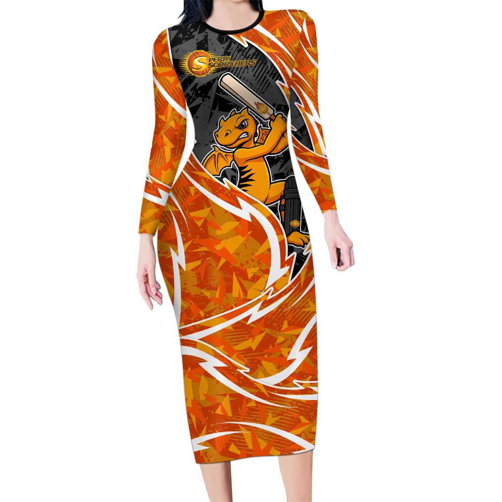 Perth Scorchers Long Sleeve Bodycon Dress Flaming Lightning Storm Geometric Sports Mascot Art