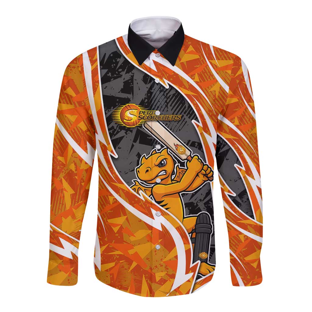 Perth Scorchers Long Sleeve Button Shirt Flaming Lightning Storm Geometric Sports Mascot Art