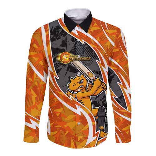 Perth Scorchers Long Sleeve Button Shirt Flaming Lightning Storm Geometric Sports Mascot Art