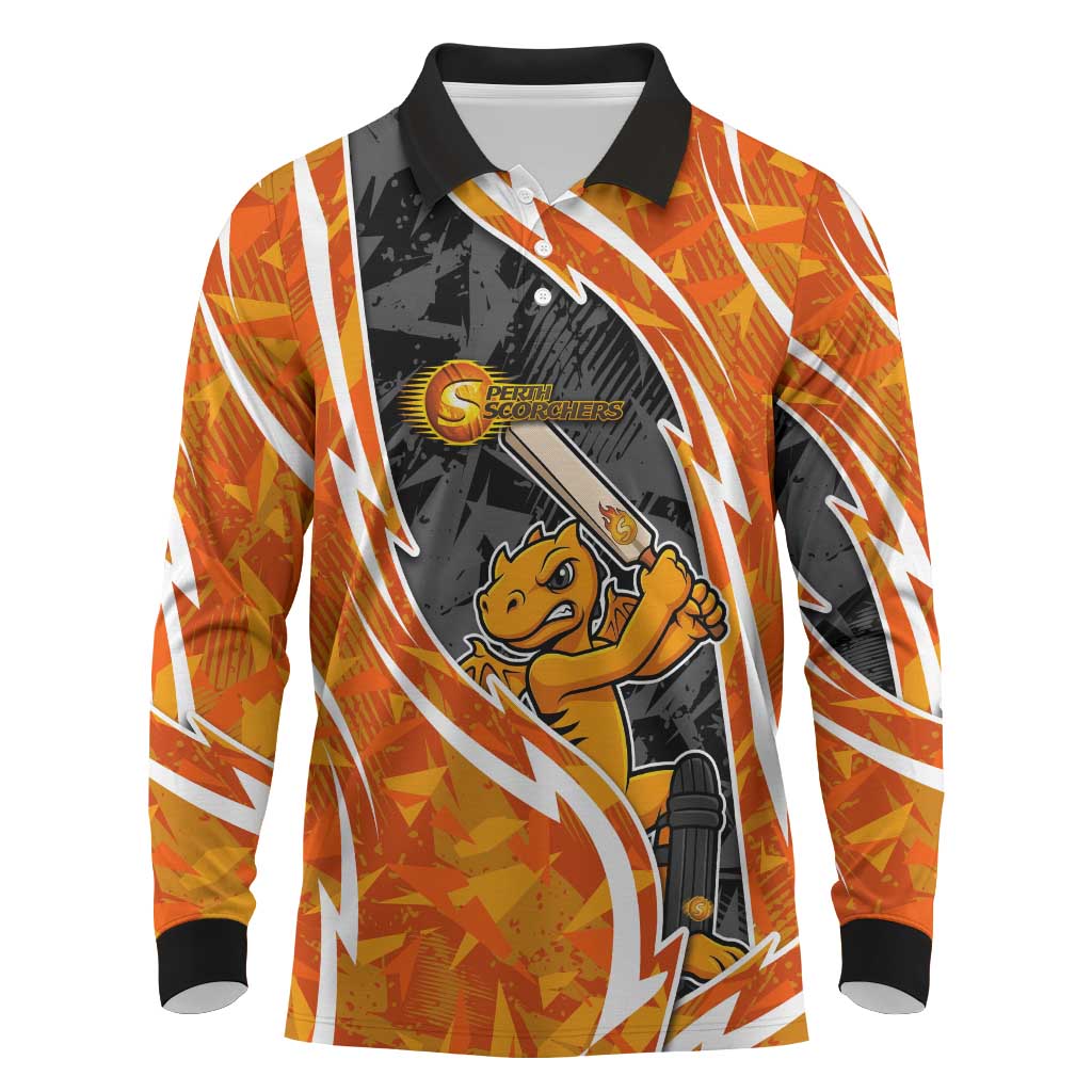 Perth Scorchers Long Sleeve Polo Shirt Flaming Lightning Storm Geometric Sports Mascot Art
