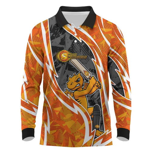 Perth Scorchers Long Sleeve Polo Shirt Flaming Lightning Storm Geometric Sports Mascot Art