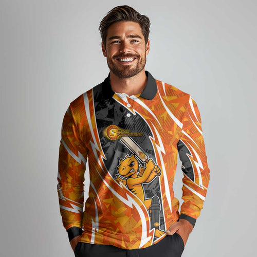 Perth Scorchers Long Sleeve Polo Shirt Flaming Lightning Storm Geometric Sports Mascot Art