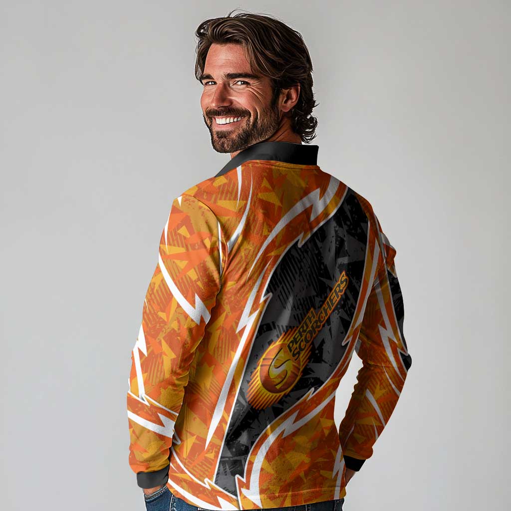 Perth Scorchers Long Sleeve Polo Shirt Flaming Lightning Storm Geometric Sports Mascot Art