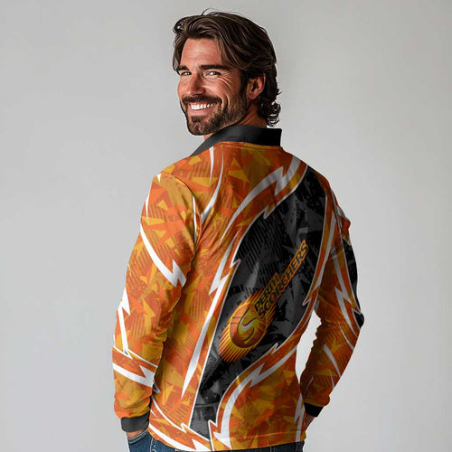 Perth Scorchers Long Sleeve Polo Shirt Flaming Lightning Storm Geometric Sports Mascot Art