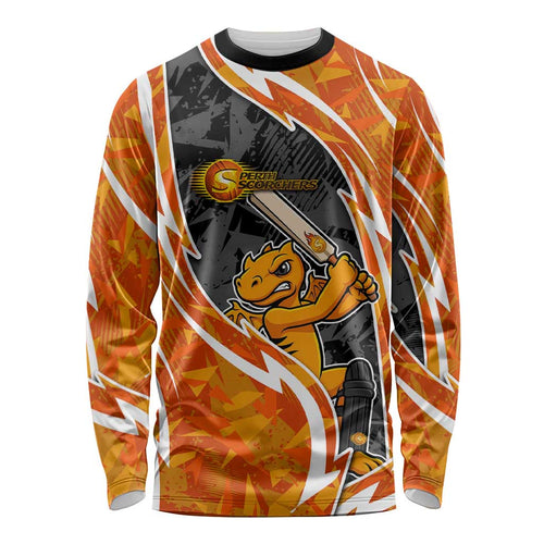 Perth Scorchers Long Sleeve Shirt Flaming Lightning Storm Geometric Sports Mascot Art