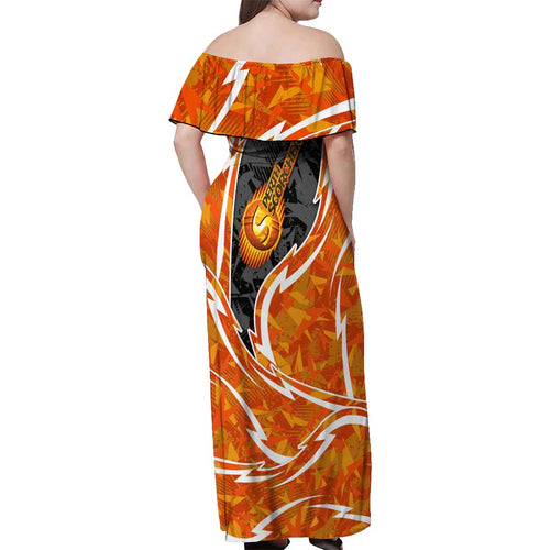 Perth Scorchers Off Shoulder Maxi Dress Flaming Lightning Storm Geometric Sports Mascot Art
