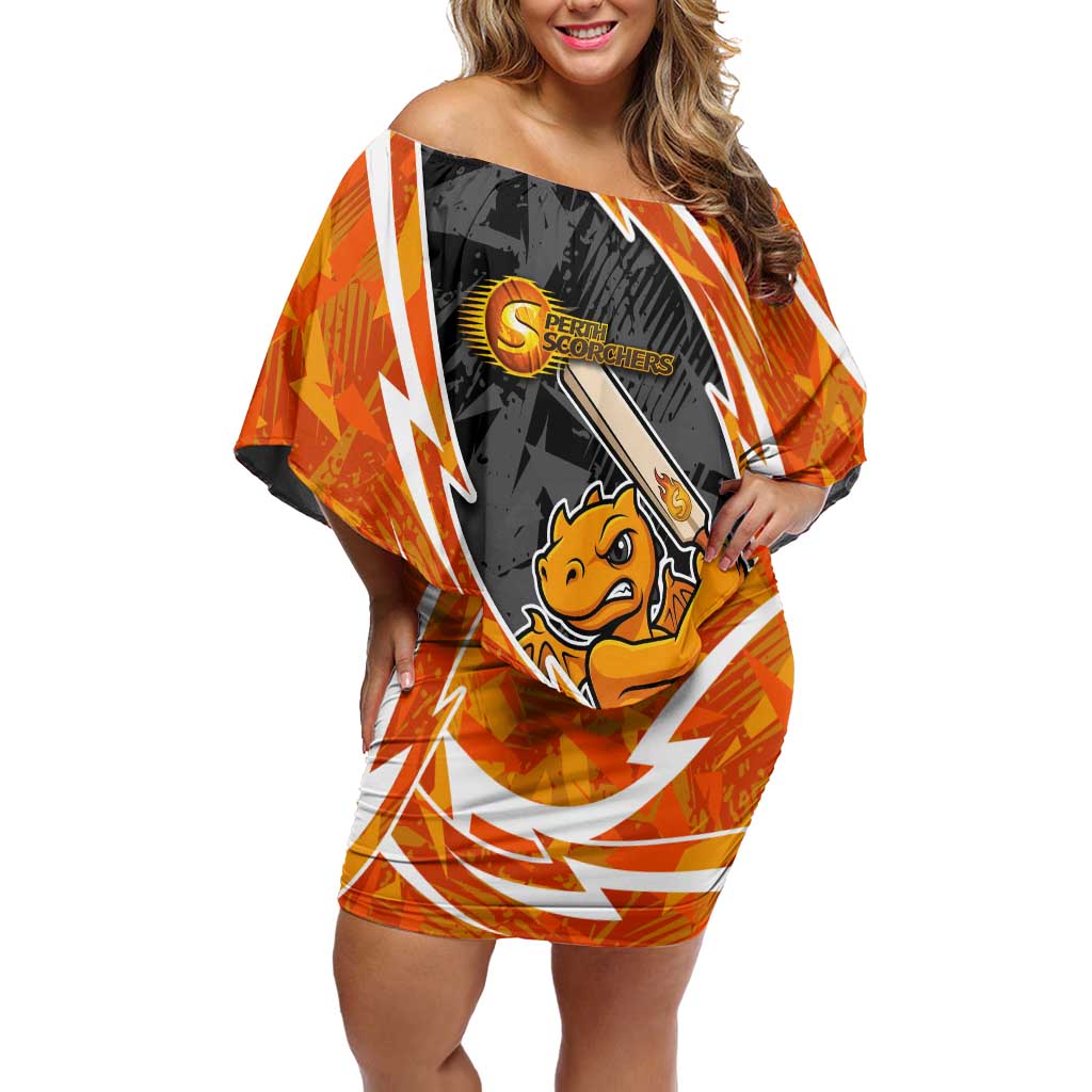 Perth Scorchers Off Shoulder Short Dress Flaming Lightning Storm Geometric Sports Mascot Art