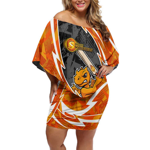 Perth Scorchers Off Shoulder Short Dress Flaming Lightning Storm Geometric Sports Mascot Art