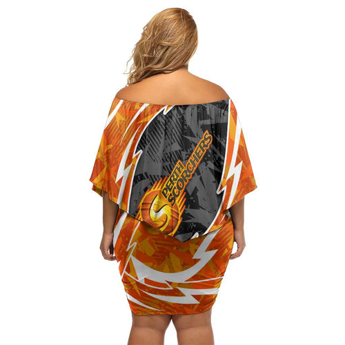 Perth Scorchers Off Shoulder Short Dress Flaming Lightning Storm Geometric Sports Mascot Art