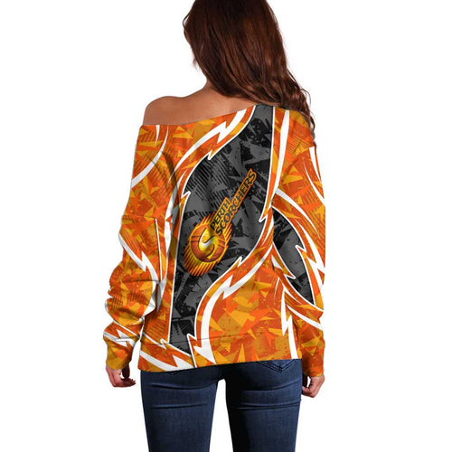 Perth Scorchers Off Shoulder Sweater Flaming Lightning Storm Geometric Sports Mascot Art