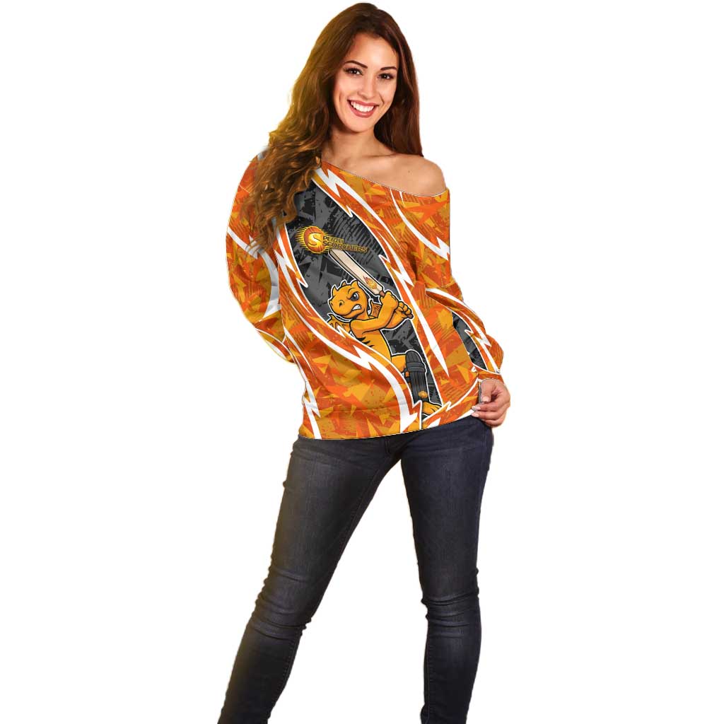 Perth Scorchers Off Shoulder Sweater Flaming Lightning Storm Geometric Sports Mascot Art