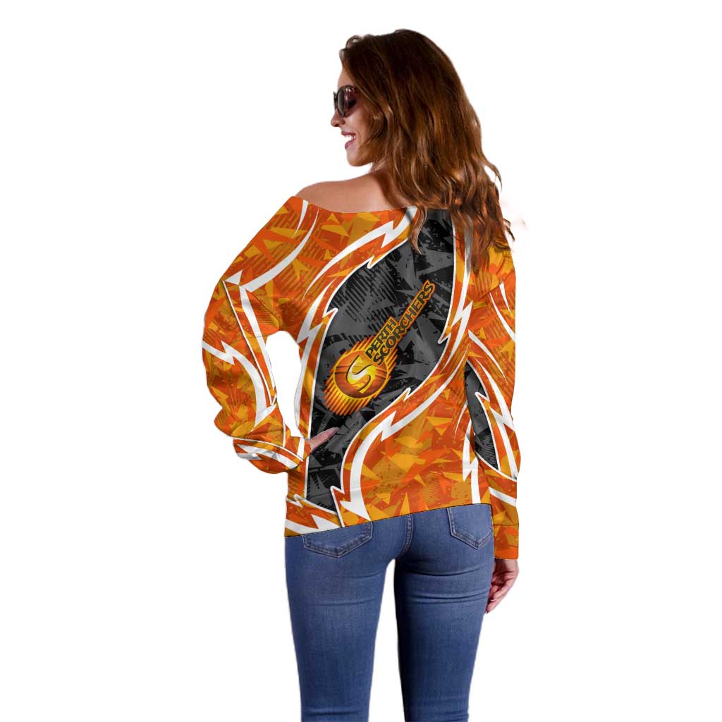 Perth Scorchers Off Shoulder Sweater Flaming Lightning Storm Geometric Sports Mascot Art