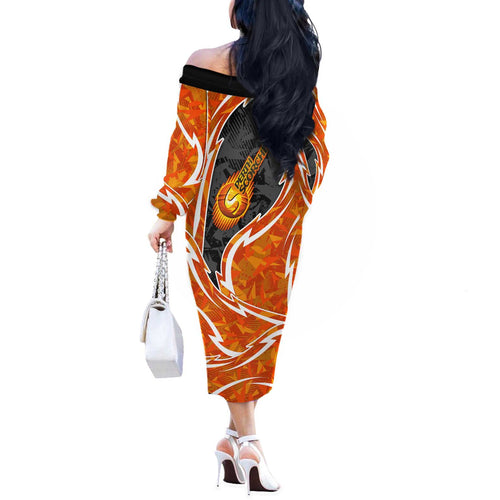 Perth Scorchers Off The Shoulder Long Sleeve Dress Flaming Lightning Storm Geometric Sports Mascot Art