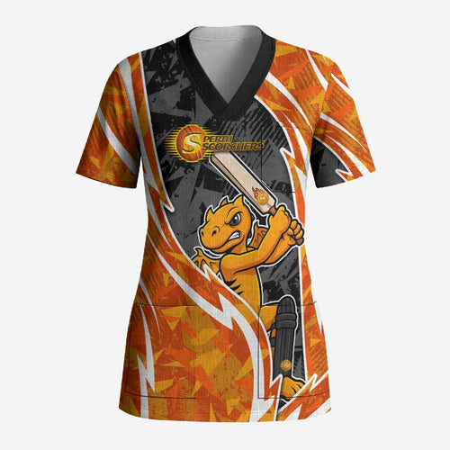 Perth Scorchers Scrub Top Flaming Lightning Storm Geometric Sports Mascot Art
