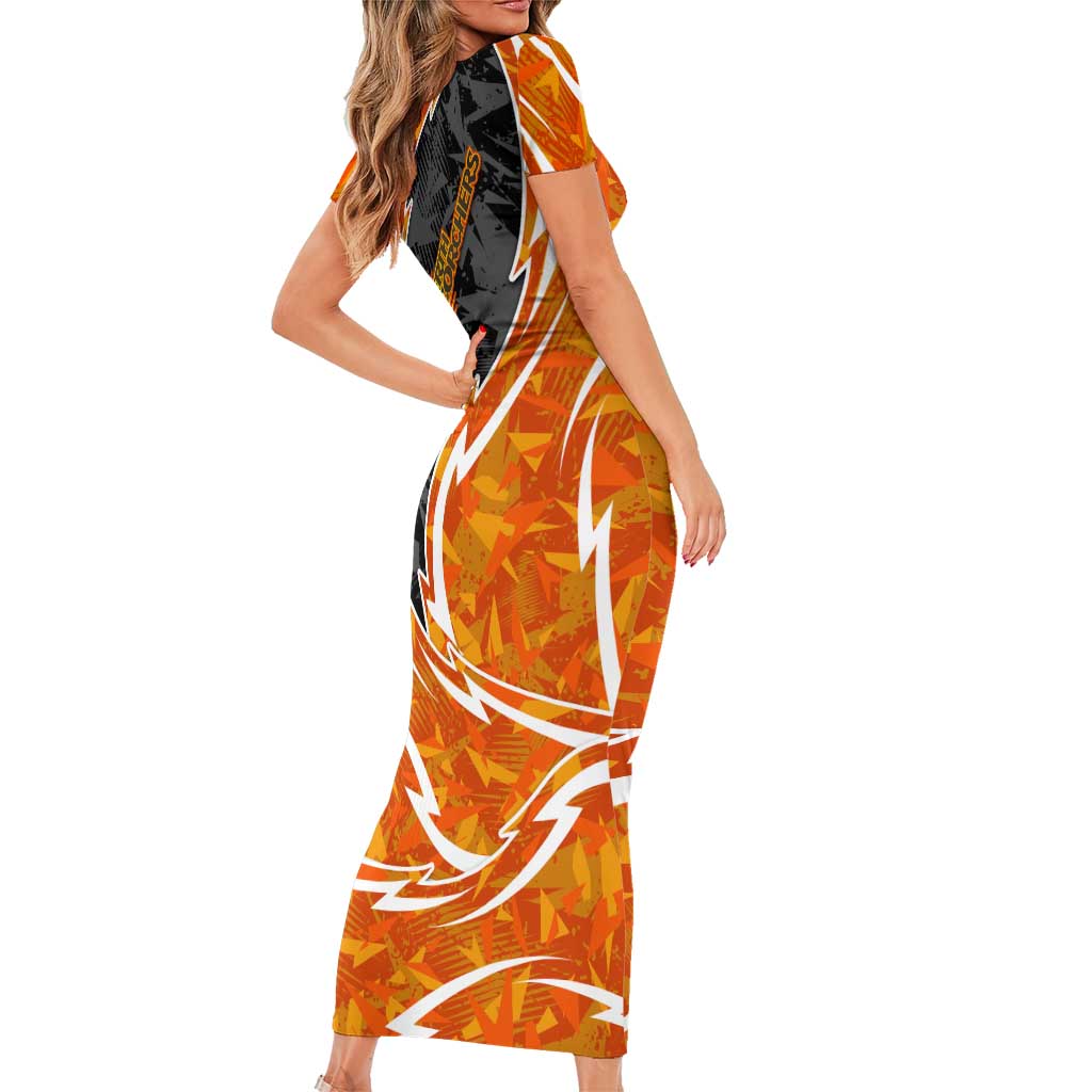 Perth Scorchers Short Sleeve Bodycon Dress Flaming Lightning Storm Geometric Sports Mascot Art