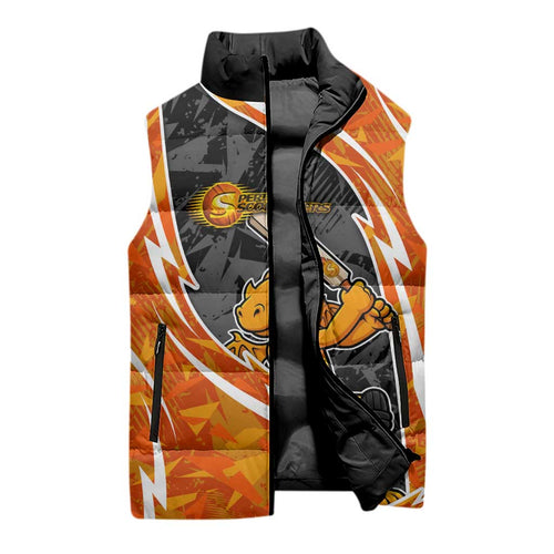 Perth Scorchers Sleeveless Puffer Jacket Flaming Lightning Storm Geometric Sports Mascot Art