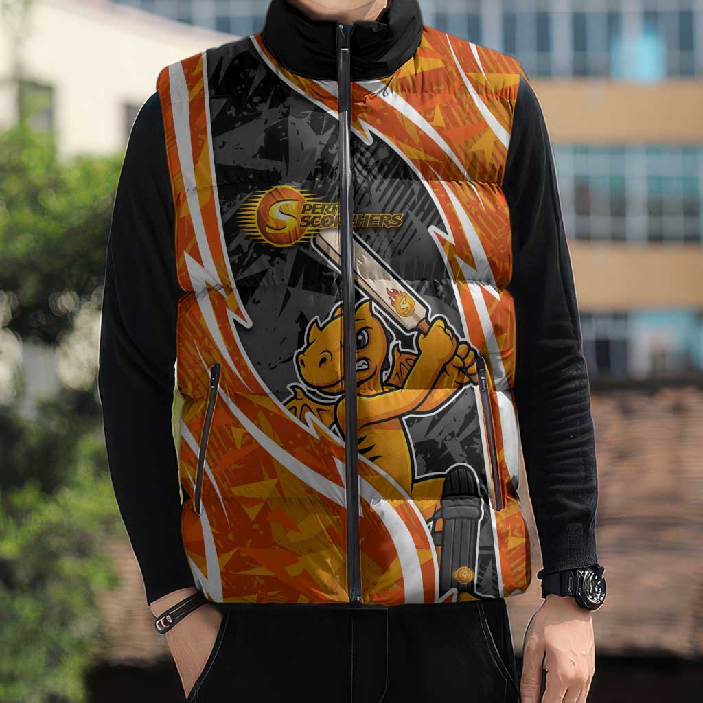 Perth Scorchers Sleeveless Puffer Jacket Flaming Lightning Storm Geometric Sports Mascot Art