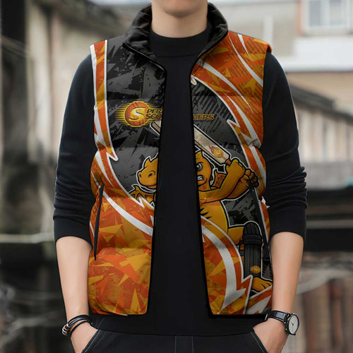 Perth Scorchers Sleeveless Puffer Jacket Flaming Lightning Storm Geometric Sports Mascot Art