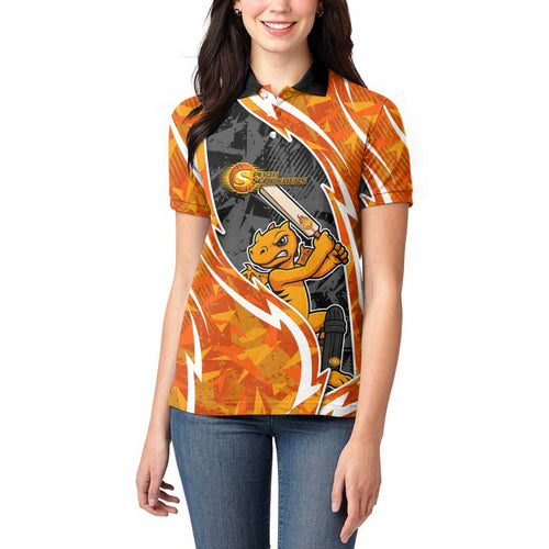 Perth Scorchers Women Polo Shirt Flaming Lightning Storm Geometric Sports Mascot Art