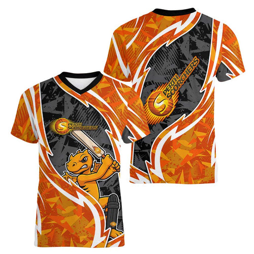 Perth Scorchers Women V-Neck T-Shirt Flaming Lightning Storm Geometric Sports Mascot Art