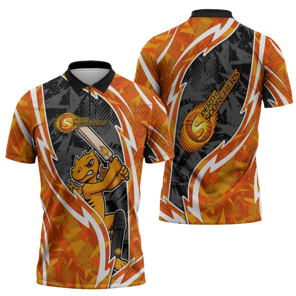 Perth Scorchers Zipper Polo Shirt Flaming Lightning Storm Geometric Sports Mascot Art