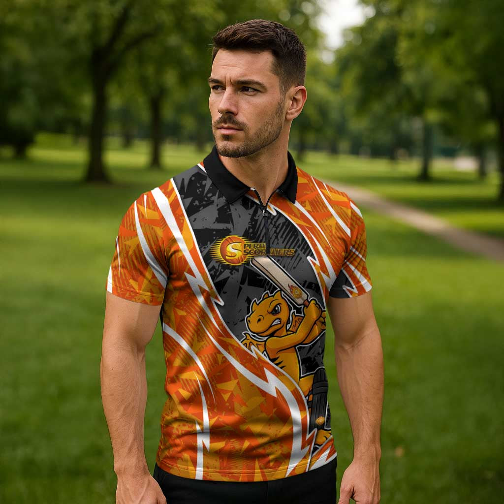 Perth Scorchers Zipper Polo Shirt Flaming Lightning Storm Geometric Sports Mascot Art