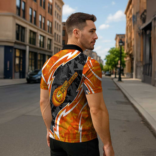Perth Scorchers Zipper Polo Shirt Flaming Lightning Storm Geometric Sports Mascot Art