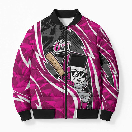 Sydney Sixers Bomber Puffer Jacket Flaming Lightning Storm Geometric Sports Mascot Art