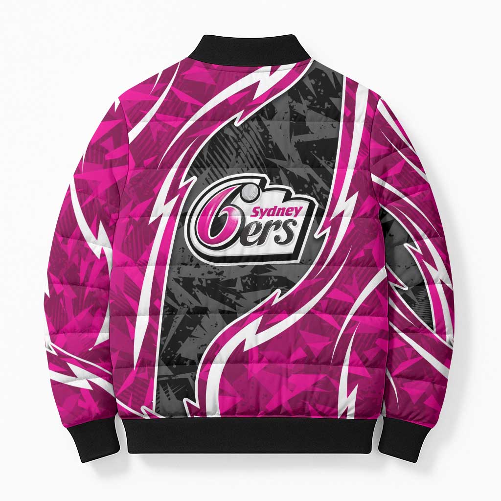 Sydney Sixers Bomber Puffer Jacket Flaming Lightning Storm Geometric Sports Mascot Art