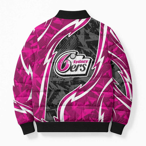 Sydney Sixers Bomber Puffer Jacket Flaming Lightning Storm Geometric Sports Mascot Art