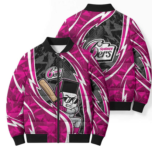 Sydney Sixers Bomber Puffer Jacket Flaming Lightning Storm Geometric Sports Mascot Art