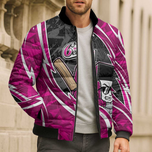 Sydney Sixers Bomber Puffer Jacket Flaming Lightning Storm Geometric Sports Mascot Art