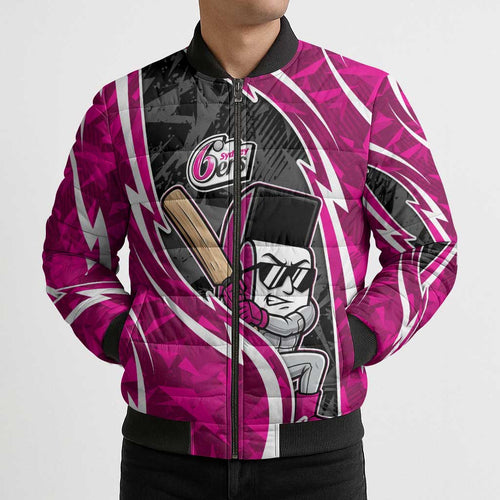 Sydney Sixers Bomber Puffer Jacket Flaming Lightning Storm Geometric Sports Mascot Art