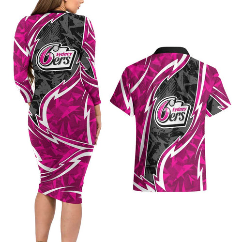 Sydney Sixers Couples Matching Long Sleeve Bodycon Dress and Hawaiian Shirt Flaming Lightning Storm Geometric Sports Mascot Art