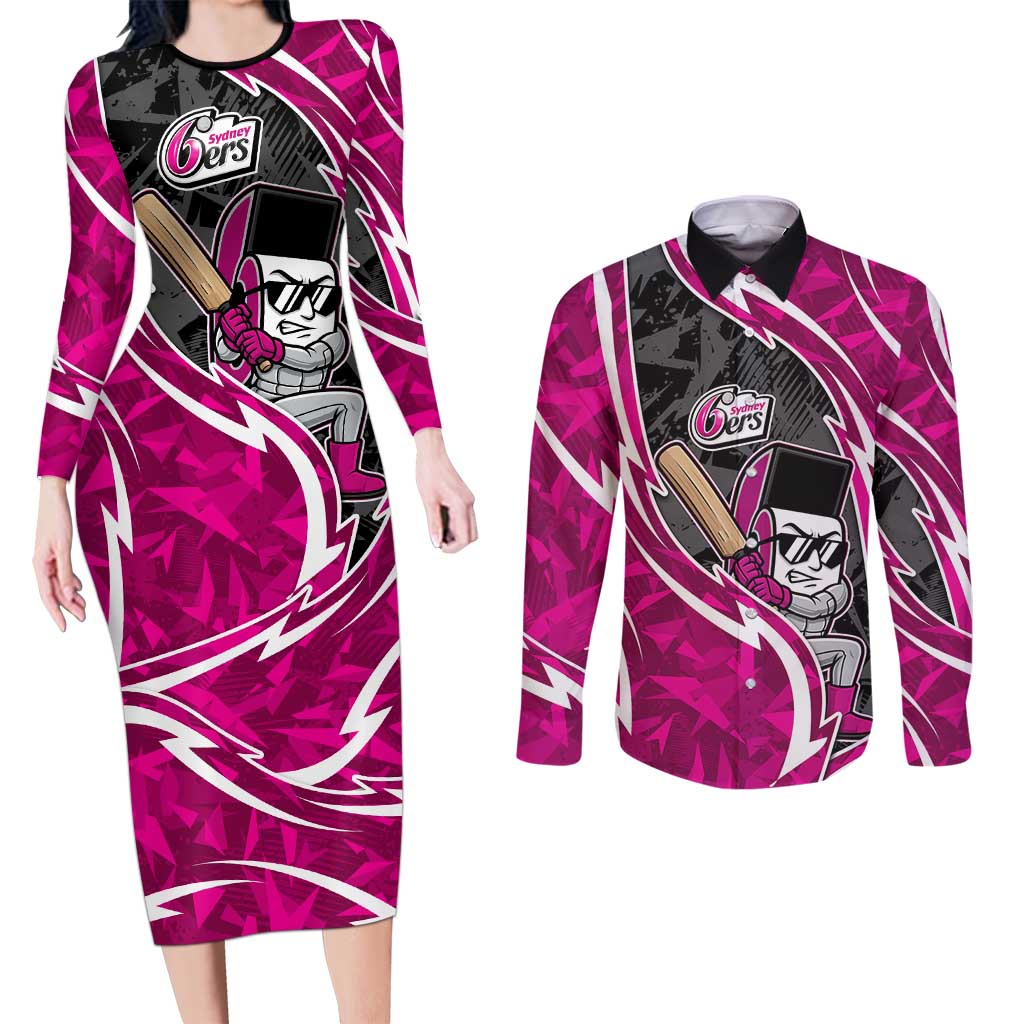Sydney Sixers Couples Matching Long Sleeve Bodycon Dress and Long Sleeve Button Shirt Flaming Lightning Storm Geometric Sports Mascot Art
