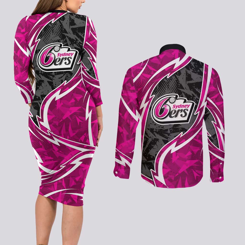 Sydney Sixers Couples Matching Long Sleeve Bodycon Dress and Long Sleeve Button Shirt Flaming Lightning Storm Geometric Sports Mascot Art