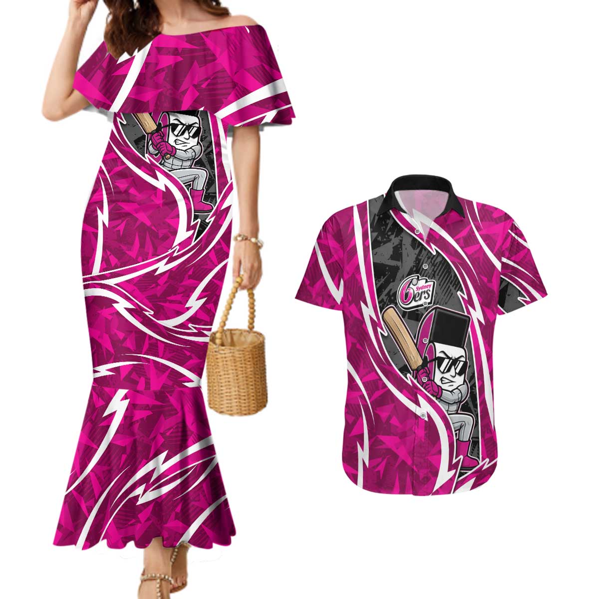 Sydney Sixers Couples Matching Mermaid Dress and Hawaiian Shirt Flaming Lightning Storm Geometric Sports Mascot Art