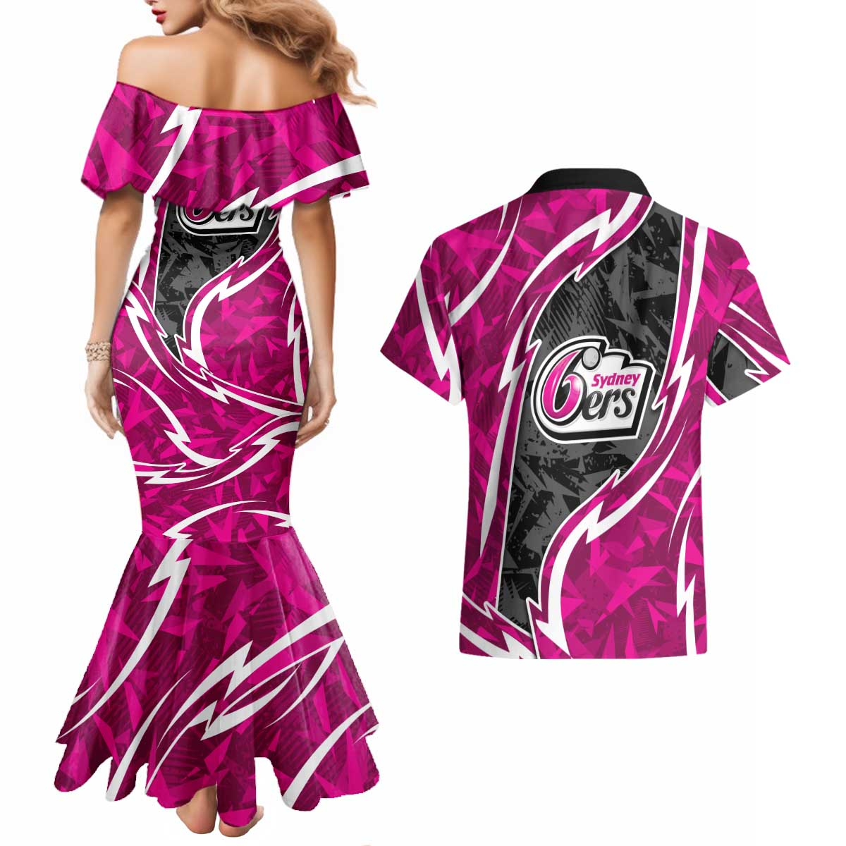 Sydney Sixers Couples Matching Mermaid Dress and Hawaiian Shirt Flaming Lightning Storm Geometric Sports Mascot Art