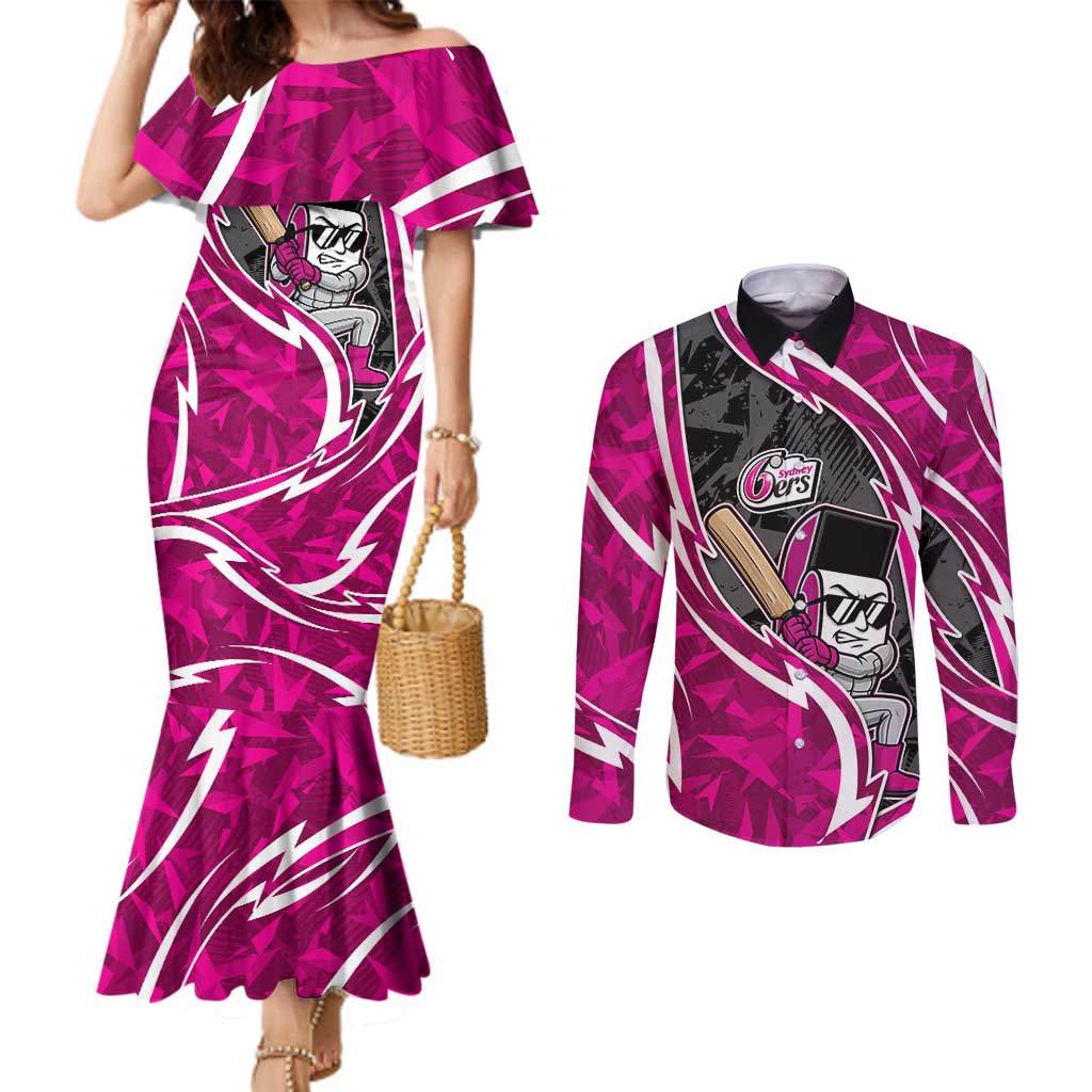 Sydney Sixers Couples Matching Mermaid Dress and Long Sleeve Button Shirt Flaming Lightning Storm Geometric Sports Mascot Art