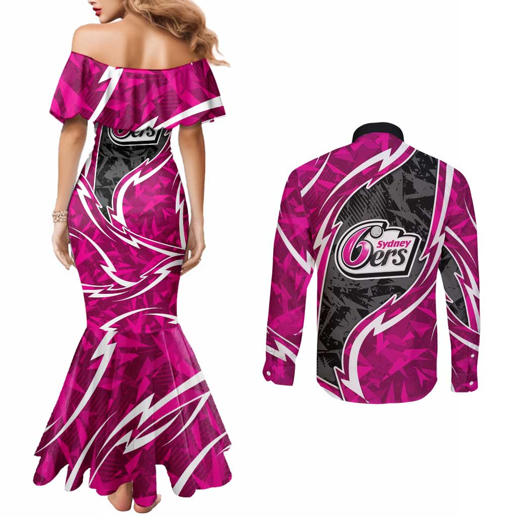 Sydney Sixers Couples Matching Mermaid Dress and Long Sleeve Button Shirt Flaming Lightning Storm Geometric Sports Mascot Art