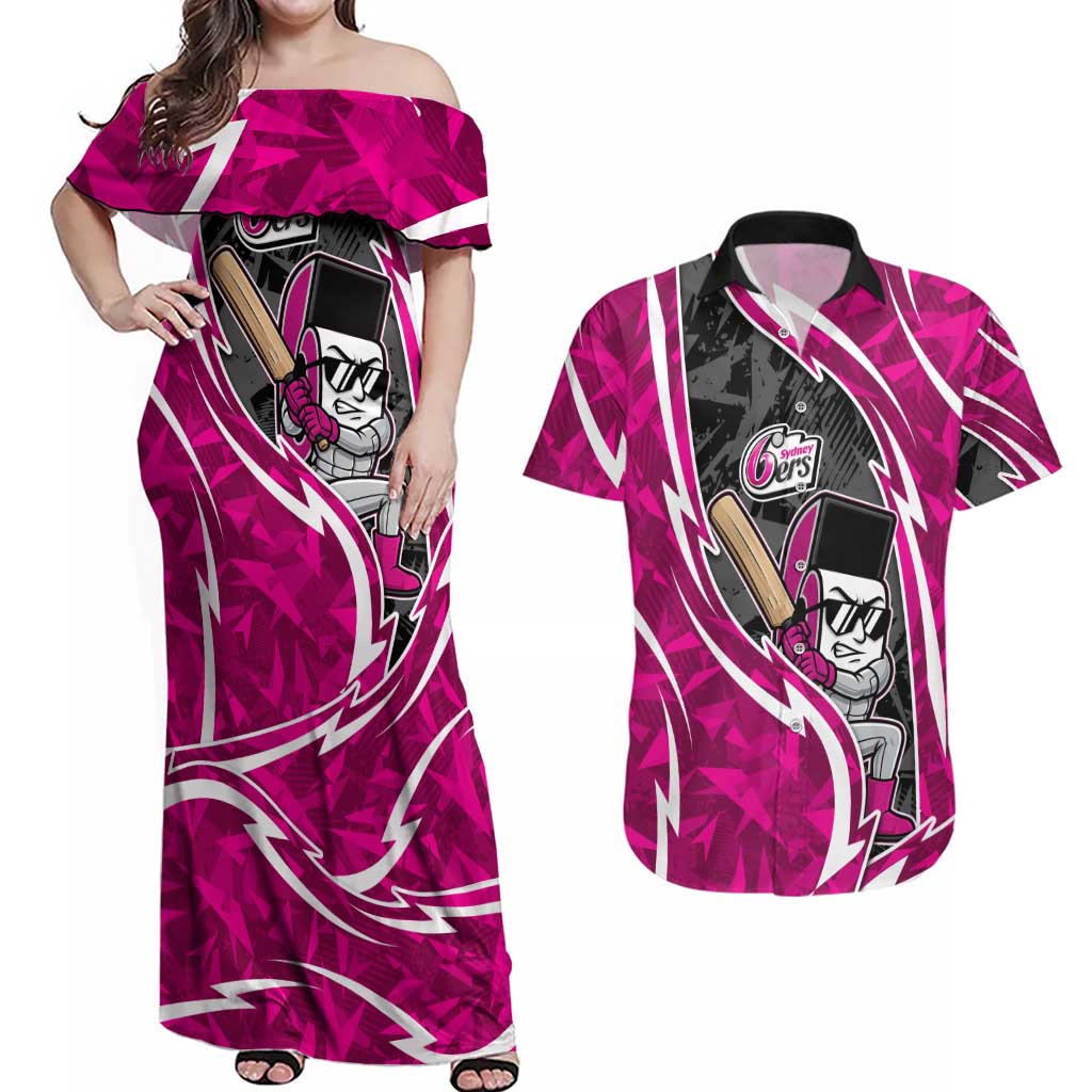Sydney Sixers Couples Matching Off Shoulder Maxi Dress and Hawaiian Shirt Flaming Lightning Storm Geometric Sports Mascot Art