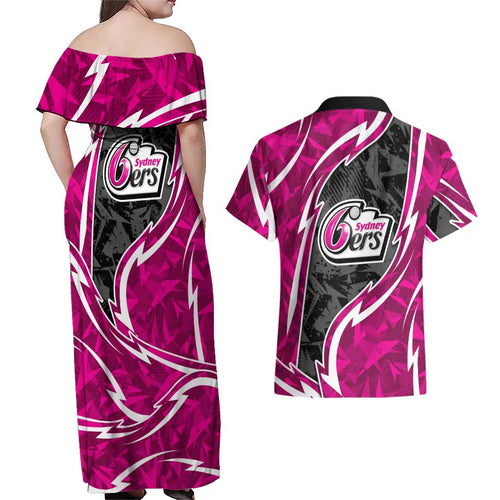 Sydney Sixers Couples Matching Off Shoulder Maxi Dress and Hawaiian Shirt Flaming Lightning Storm Geometric Sports Mascot Art