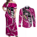 Sydney Sixers Couples Matching Off Shoulder Maxi Dress and Long Sleeve Button Shirt Flaming Lightning Storm Geometric Sports Mascot Art