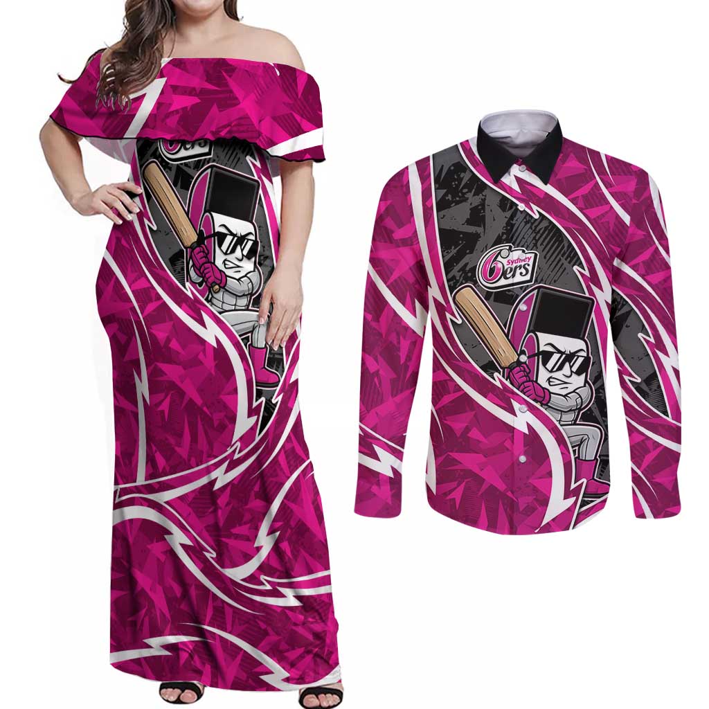 Sydney Sixers Couples Matching Off Shoulder Maxi Dress and Long Sleeve Button Shirt Flaming Lightning Storm Geometric Sports Mascot Art